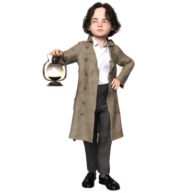 3 boyutlu, şeffaf bir arka planda izole edilmiş, sevimli, genç bir dedektifin çizimi.