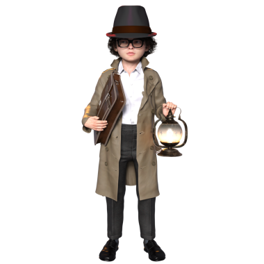 3 boyutlu, şeffaf bir arka planda izole edilmiş, sevimli, genç bir dedektifin çizimi.