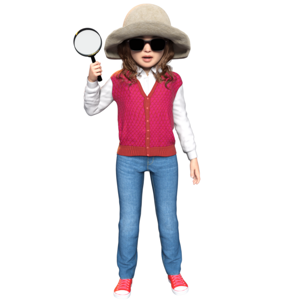 Şeffaf bir arka planda izole edilmiş genç bir dedektif olarak üç boyutlu sevimli bir kız.