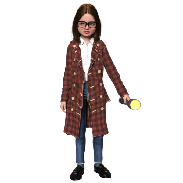 Şeffaf bir arka planda izole edilmiş genç bir dedektif olarak üç boyutlu sevimli bir kız.