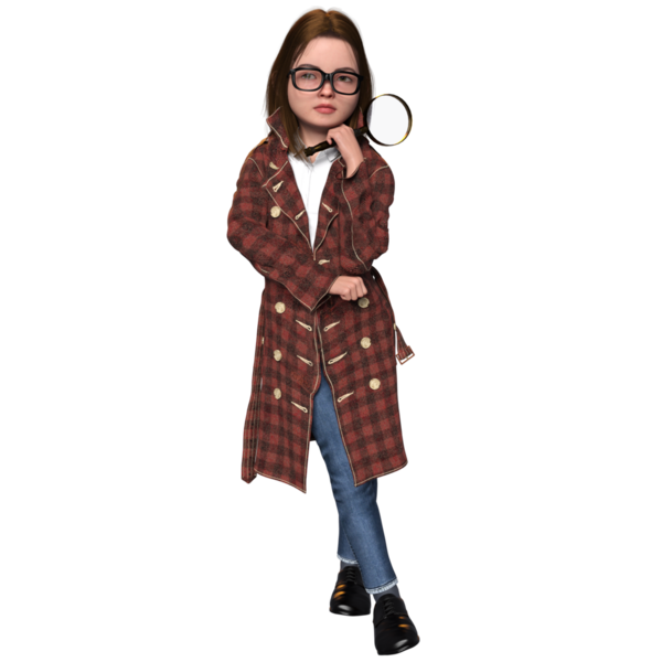 Şeffaf bir arka planda izole edilmiş genç bir dedektif olarak üç boyutlu sevimli bir kız.