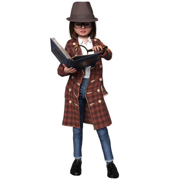 Şeffaf bir arka planda izole edilmiş genç bir dedektif olarak üç boyutlu sevimli bir kız.