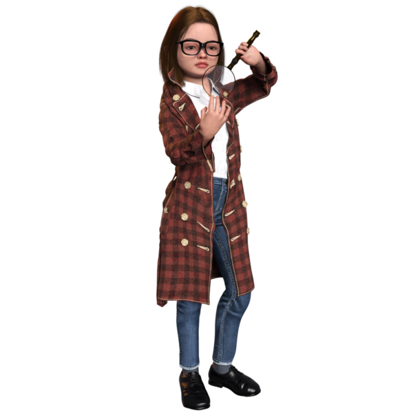 Şeffaf bir arka planda izole edilmiş genç bir dedektif olarak üç boyutlu sevimli bir kız.