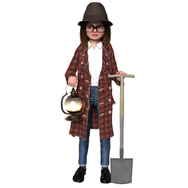 Şeffaf bir arka planda izole edilmiş genç bir dedektif olarak üç boyutlu sevimli bir kız.