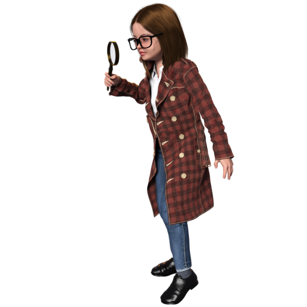 Şeffaf bir arka planda izole edilmiş genç bir dedektif olarak üç boyutlu sevimli bir kız.