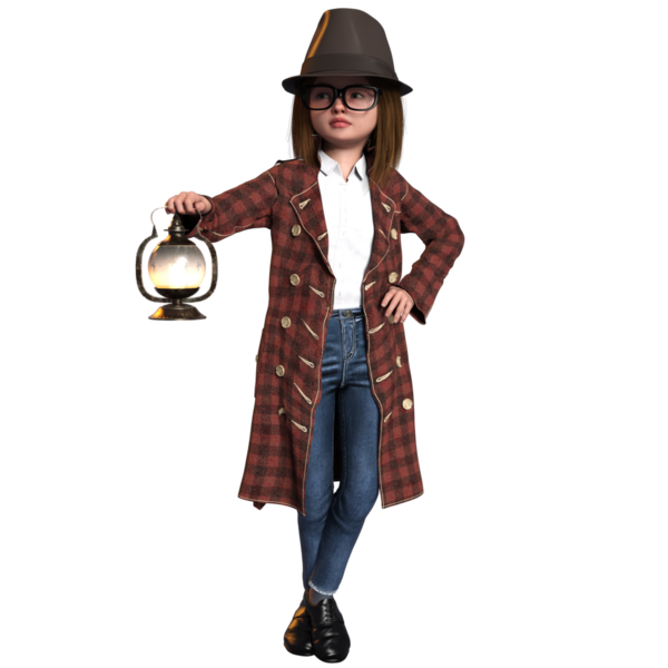 Şeffaf bir arka planda izole edilmiş genç bir dedektif olarak üç boyutlu sevimli bir kız.