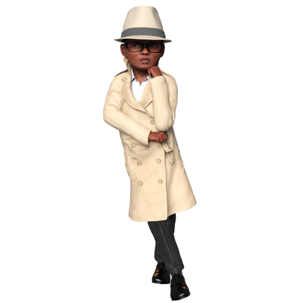Şeffaf bir arka planda izole edilmiş, dedektif gibi giyinmiş üç boyutlu bir çocuk.