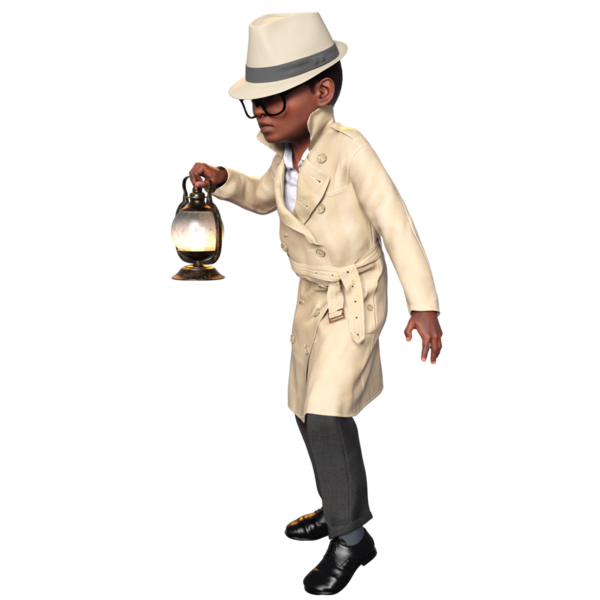 Şeffaf bir arka planda izole edilmiş, dedektif gibi giyinmiş üç boyutlu bir çocuk.