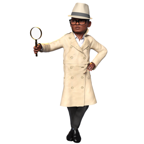 Şeffaf bir arka planda izole edilmiş, dedektif gibi giyinmiş üç boyutlu bir çocuk.