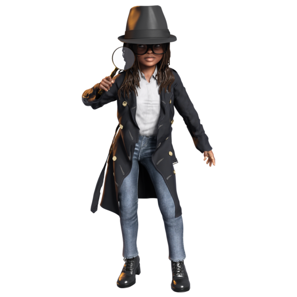 3 Boyutlu sevimli bir kızı şeffaf bir arka planda izole edilmiş bir dedektif olarak gösterdi.