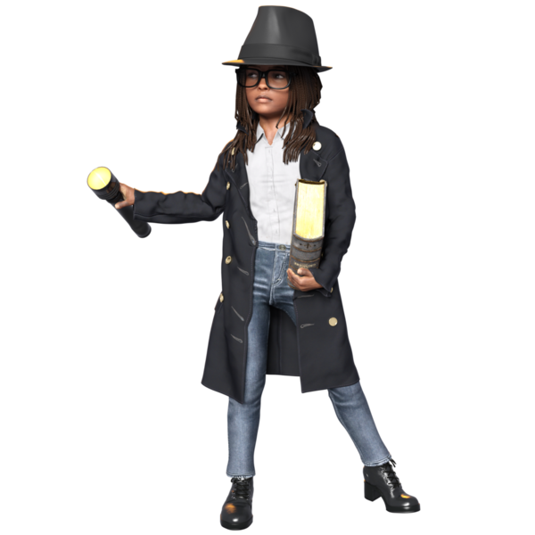 3 Boyutlu sevimli bir kızı şeffaf bir arka planda izole edilmiş bir dedektif olarak gösterdi.