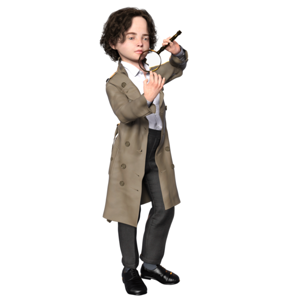 3 boyutlu, şeffaf bir arka planda izole edilmiş, sevimli, genç bir dedektifin çizimi.