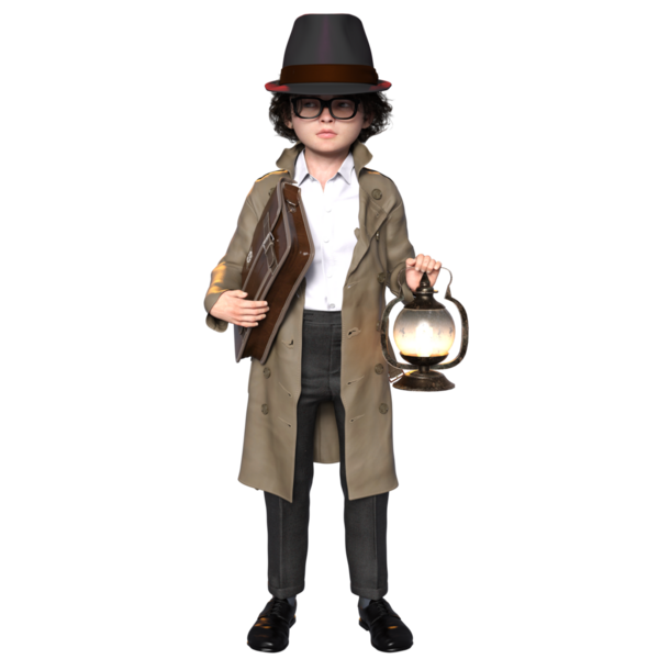 3 boyutlu, şeffaf bir arka planda izole edilmiş, sevimli, genç bir dedektifin çizimi.