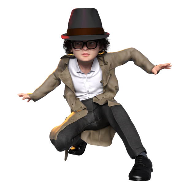 3 boyutlu, şeffaf bir arka planda izole edilmiş, sevimli, genç bir dedektifin çizimi.