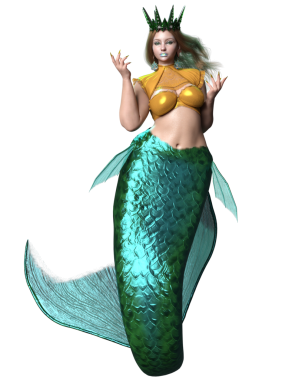Üç boyutlu güzel bir dişi denizkızı, şeffaf bir arkaplanda izole edilmiş yeşil yanardöner bir kuyruk haline geldi.