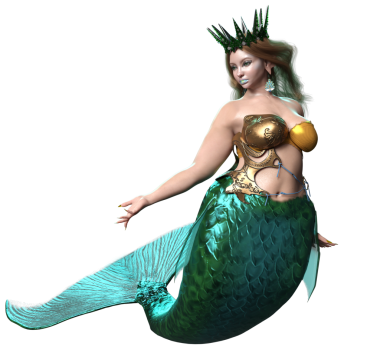 Üç boyutlu güzel bir dişi denizkızı, şeffaf bir arkaplanda izole edilmiş yeşil yanardöner bir kuyruk haline geldi.