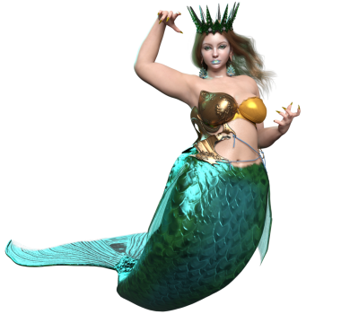 Üç boyutlu güzel bir dişi denizkızı, şeffaf bir arkaplanda izole edilmiş yeşil yanardöner bir kuyruk haline geldi.