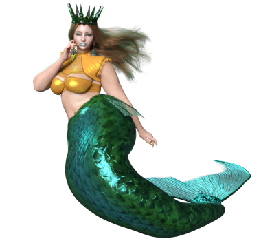 Üç boyutlu güzel bir dişi denizkızı, şeffaf bir arkaplanda izole edilmiş yeşil yanardöner bir kuyruk haline geldi.