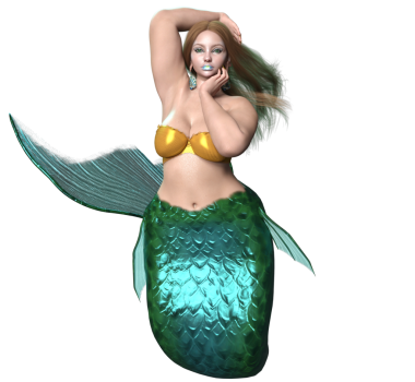 Üç boyutlu güzel bir dişi denizkızı, şeffaf bir arkaplanda izole edilmiş yeşil yanardöner bir kuyruk haline geldi.