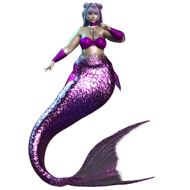 3 boyutlu, mor saçlı, parlak kuyruklu, şeffaf bir arkaplanda izole edilmiş güzel bir dişi denizkızı.