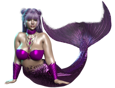 3 boyutlu, mor saçlı, parlak kuyruklu, şeffaf bir arkaplanda izole edilmiş güzel bir dişi denizkızı.