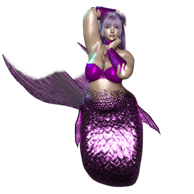 3 boyutlu, mor saçlı, parlak kuyruklu, şeffaf bir arkaplanda izole edilmiş güzel bir dişi denizkızı.