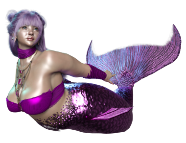 3 boyutlu, mor saçlı, parlak kuyruklu, şeffaf bir arkaplanda izole edilmiş güzel bir dişi denizkızı.