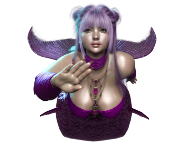3 boyutlu, mor saçlı, parlak kuyruklu, şeffaf bir arkaplanda izole edilmiş güzel bir dişi denizkızı.