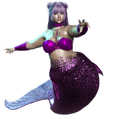 3 boyutlu, mor saçlı, parlak kuyruklu, şeffaf bir arkaplanda izole edilmiş güzel bir dişi denizkızı.