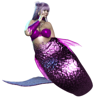 3 boyutlu, mor saçlı, parlak kuyruklu, şeffaf bir arkaplanda izole edilmiş güzel bir dişi denizkızı.