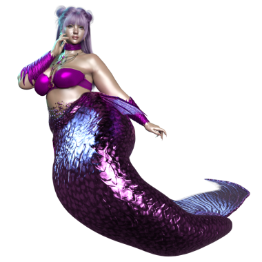 3 boyutlu, mor saçlı, parlak kuyruklu, şeffaf bir arkaplanda izole edilmiş güzel bir dişi denizkızı.