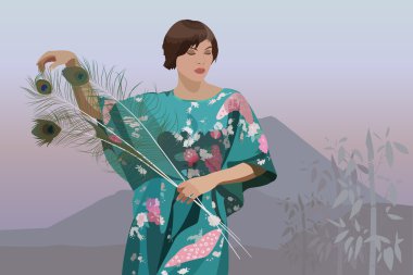 Bir dağ bir tüylü ve arka plan üzerinde elbise kız Japonca