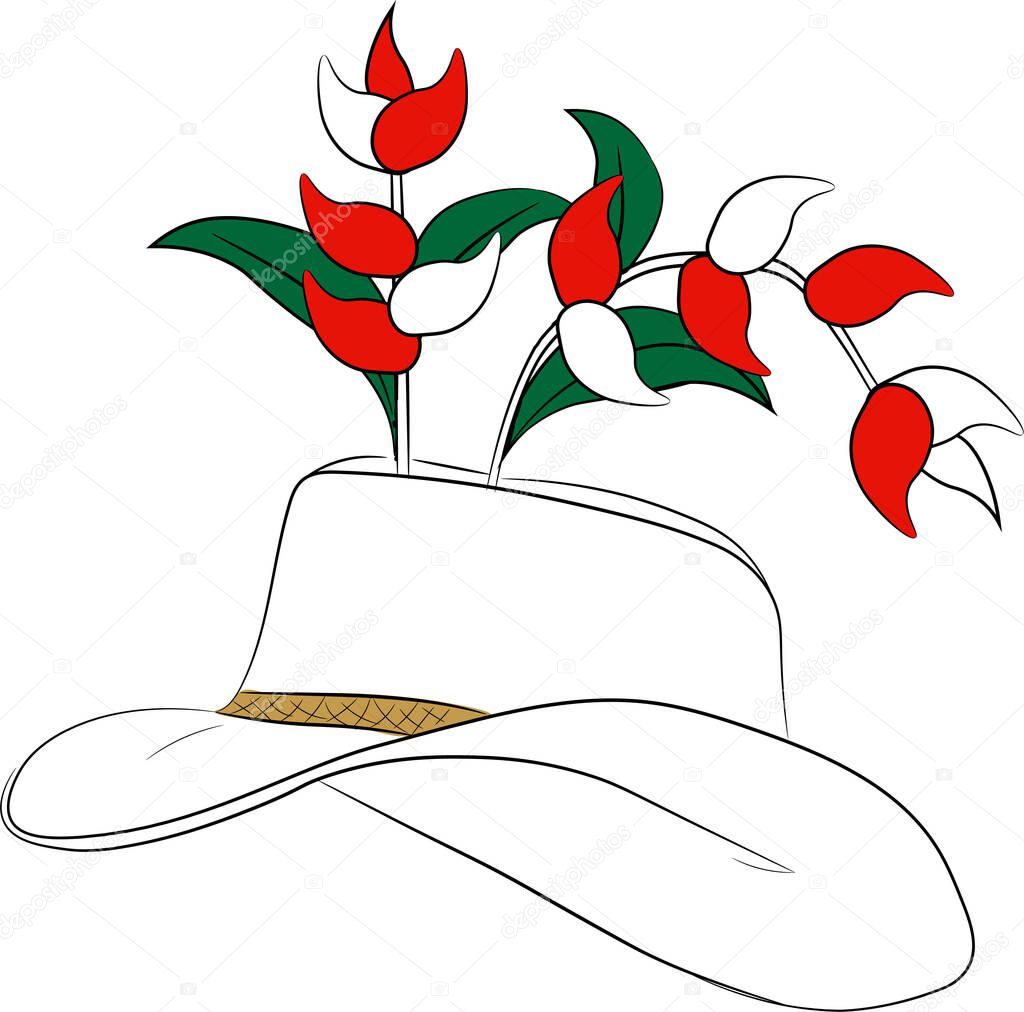 illustration vueltiao hat typical of colombian culture, heliconium flowers coming out of the hat. typical colombian flower, heliconium flower. traditions. minimalist, modern design. white background.