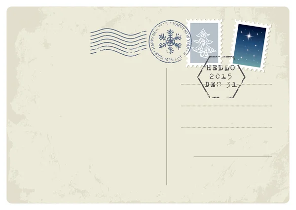 Postal de Año Nuevo. Feliz Año Nuevo y Hola 2015 en el sello . — Vector de stock