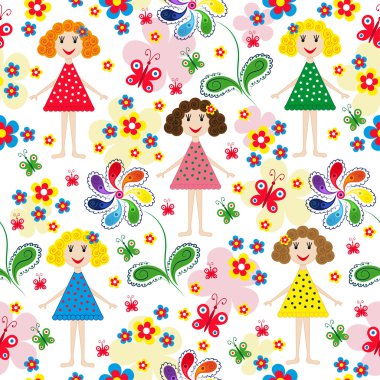 Kız ile renkli kesintisiz çiçek arka plan