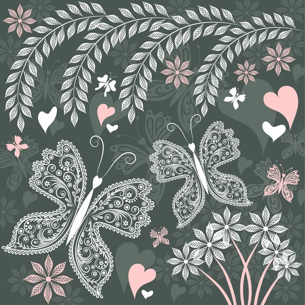 Летний серый фон с белыми и розовыми бабочками — стоковый вектор