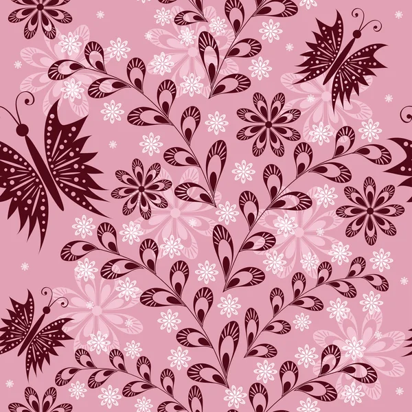 Fondo floral sin costuras con mariposas violetas — Vector de stock