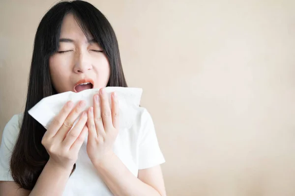 Young Asian Woman Sneezing Blowing Her Nose Tissue Paper Cause — Foto de Stock