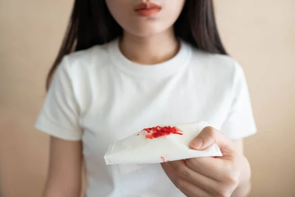 Woman Hand Holding Tissue Paper Bloody Sputum Cause Hemoptysis Include — Foto de Stock