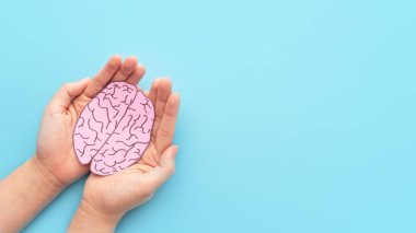 Açık mavi arka planda kağıttan yapılmış insan beyni şeklini tutan kadın elleri. Alzheimer, Parkinson hastalığı, bunama, felç, nöbet ya da akıl sağlığı. Nöroloji ve Psikoloji.