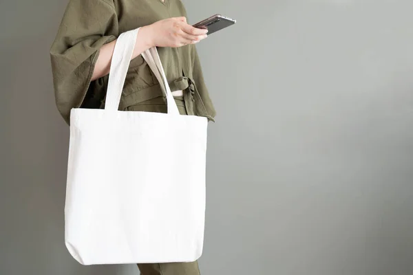 Tessuto Bianco Bianco Tela Tote Bag Con Manico Modello Design — Foto Stock