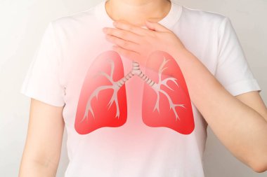 Young ill female have a cough and shortness of breath with lung organ symbol. Pulmonary disease include pneumonia, asthma, COPD, TB, lung cancer or respiratory tract infection. clipart