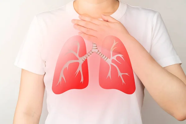 Young ill female have a cough and shortness of breath with lung organ symbol. Pulmonary disease include pneumonia, asthma, COPD, TB, lung cancer or respiratory tract infection.