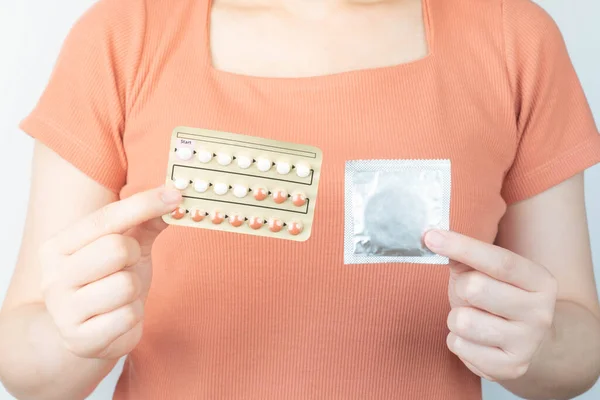 Birth Control Options Woman Hands Holding Condom Package Oral Hormonal — Stock Photo, Image