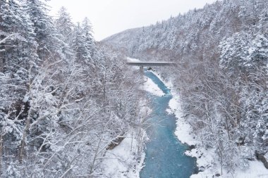 Kışın Biei nehri. Biei 'nin kaplıcalarında akan güzel kobalt mavi nehri. Hokkaido, Japonya.
