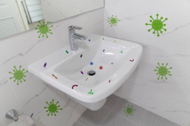 Mikrop bakterisi ve virüs tuvalet lavabosunu kirletiyor. Bulaşıcı hastalıklar hijyen kavramını yayar.
