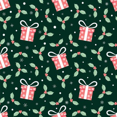 Hediye kutusu ve kırmızı noel çiçeği kusursuz desen, tatil geçmişi