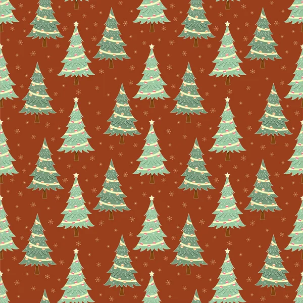 クリスマスツリーと雪の結晶シームレスパターン 休日の背景 — ストックベクタ