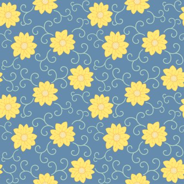 Mavi arka planda sarı çiçek ve yeşil sarmaşık desenleri