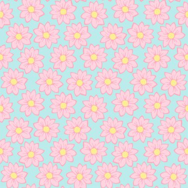 Yeşil arka planda küçük pembe çiçek deseni.